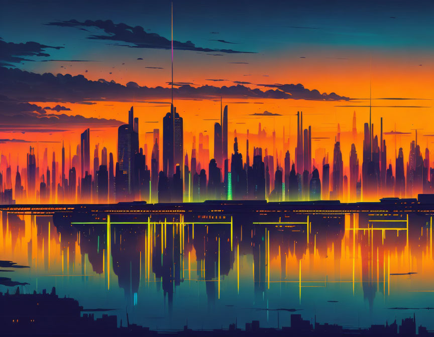 Tall skyscrapers in futuristic city skyline at sunset