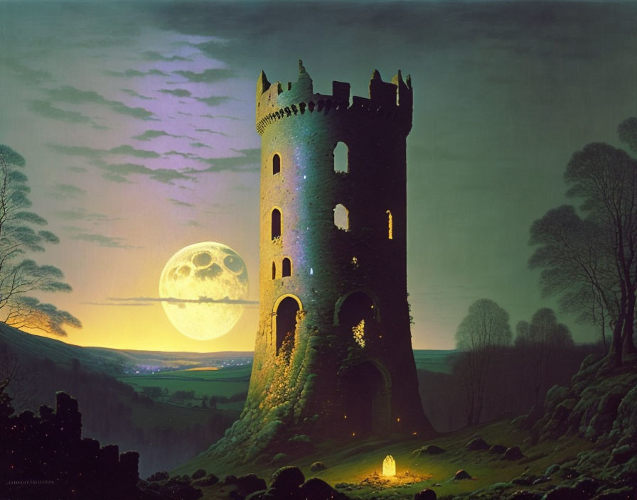 Moonlit Medieval Tower Scene with Full Moon and Fire