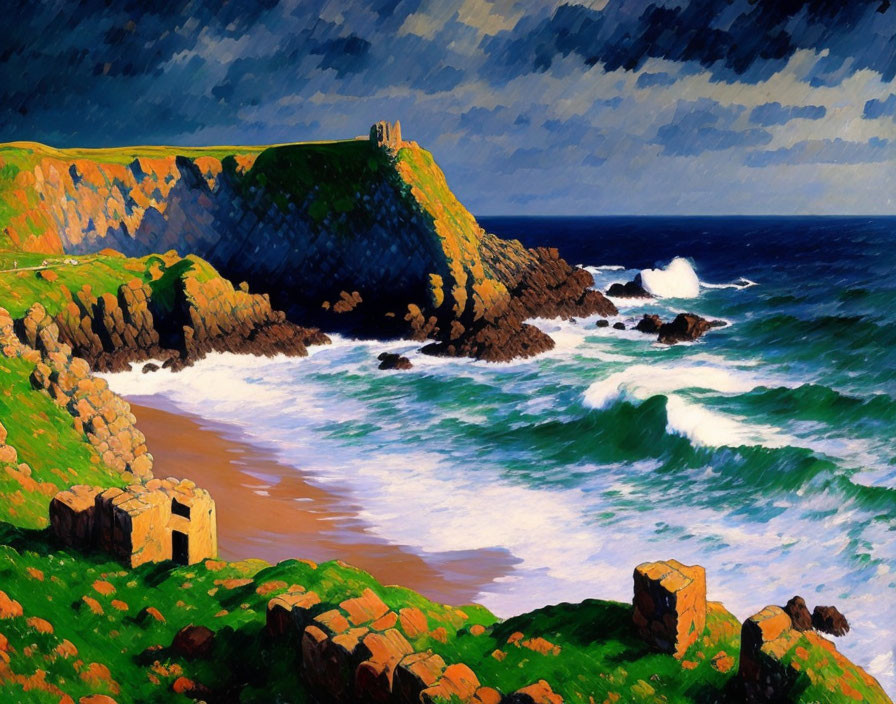 Rocky coastline painting with crashing waves and dynamic sky