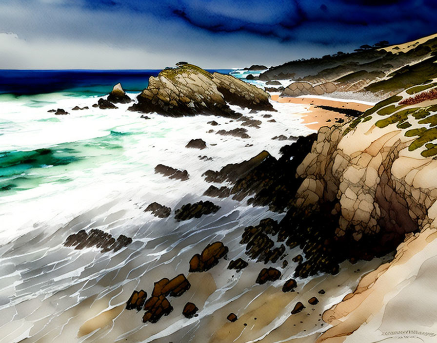 Rocky coastal landscape digital painting with foamy waves and dramatic blue sky