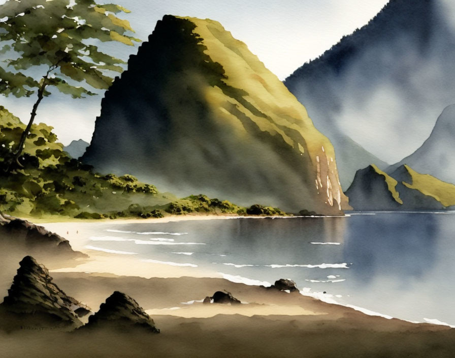 Tranquil watercolor painting of serene lakeshore scenery