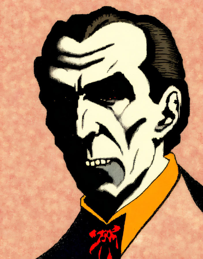 Stern-faced vampire with widow's peak in black and yellow cape