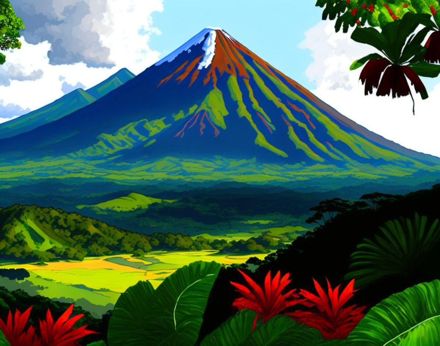 Majestic volcano with lush forest in vibrant digital painting