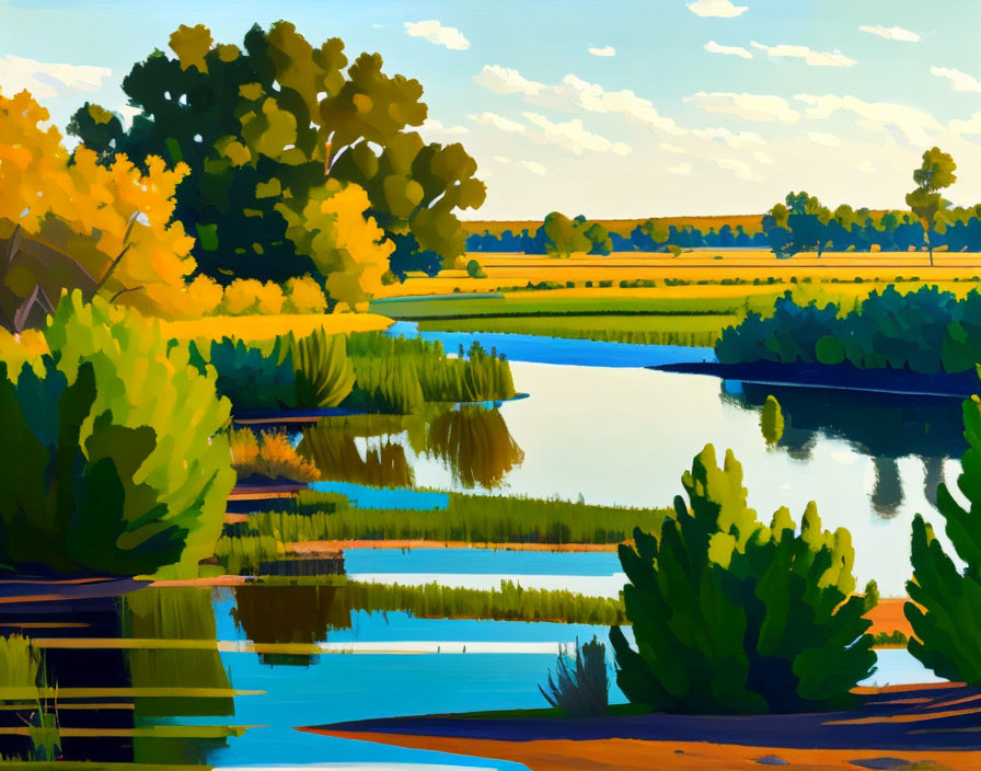 Scenic landscape painting: river, reflections, lush greenery, trees, blue sky