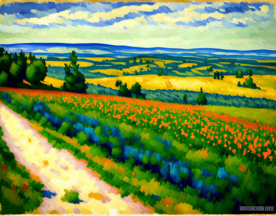 Colorful landscape painting with path, flowers, hills, and cloudy sky