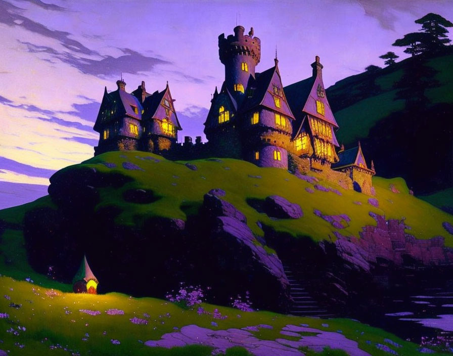 Majestic castle on hilltop with glowing windows at twilight