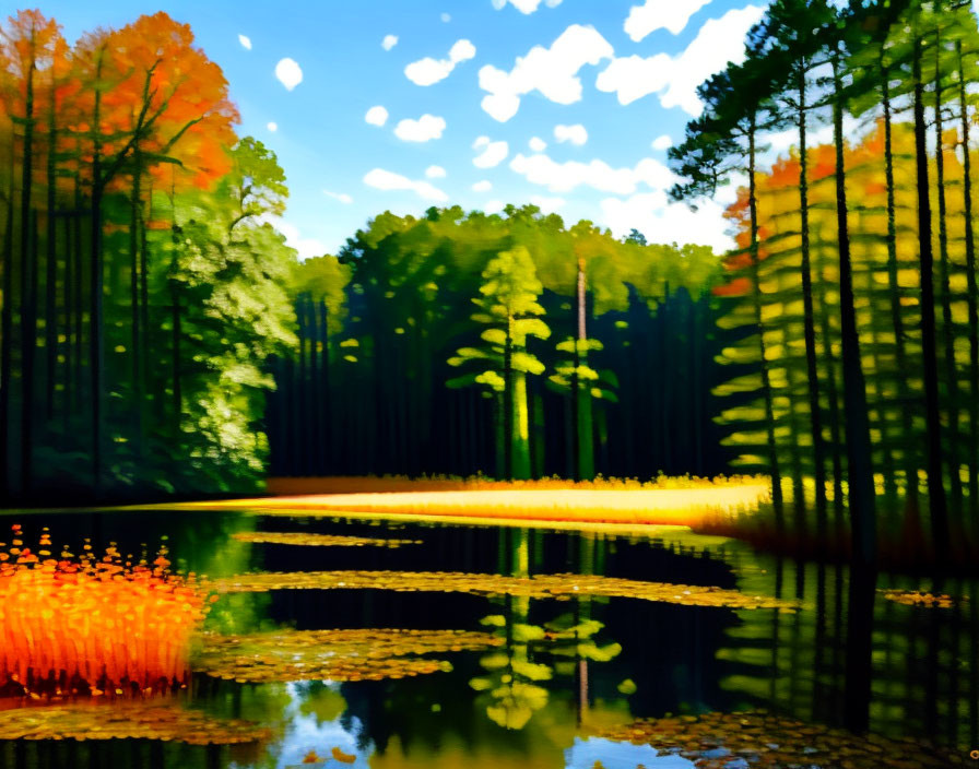 Autumn forest reflected in tranquil lake under clear blue sky