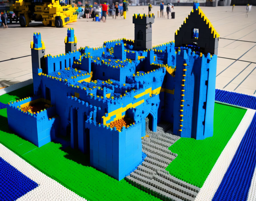 Detailed blue and yellow castle model on green base indoors