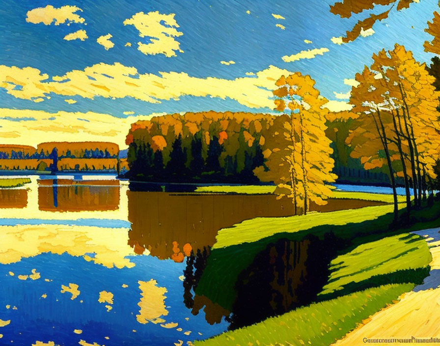 Vibrant lakeside landscape with blue skies and golden clouds