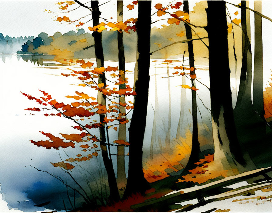 Autumn forest scene with lake in vibrant watercolor