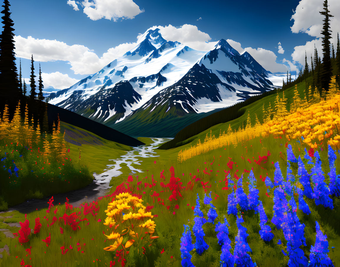 Colorful Wildflower Meadow and Snow-Capped Peaks in Mountain Landscape