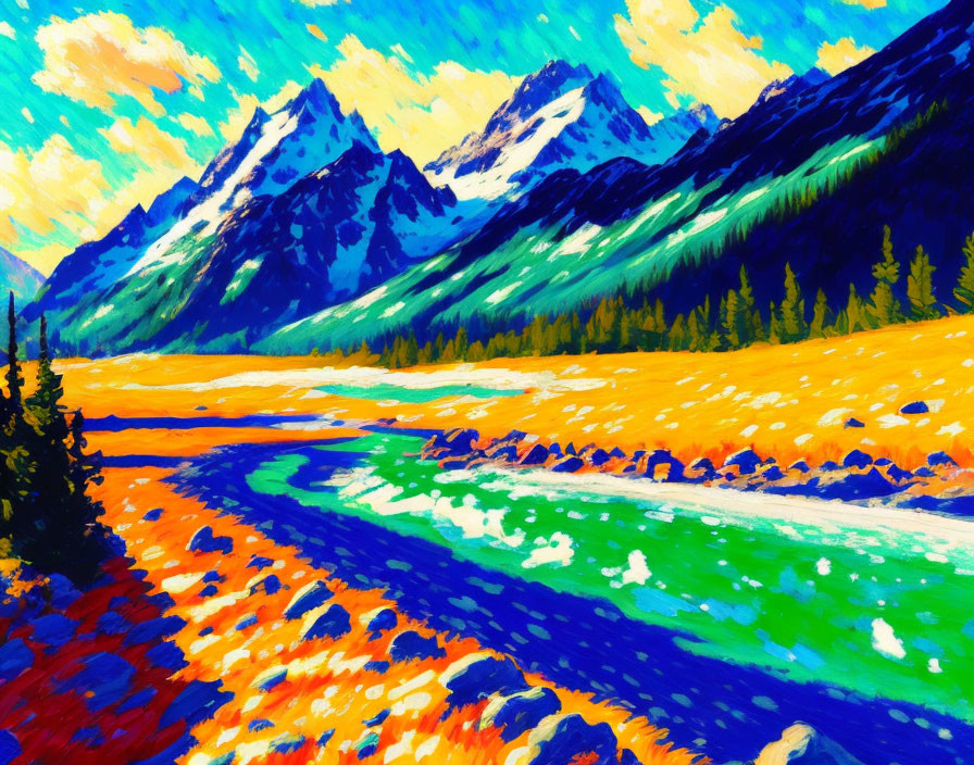 Colorful Impressionistic Mountain Landscape with River and Sky