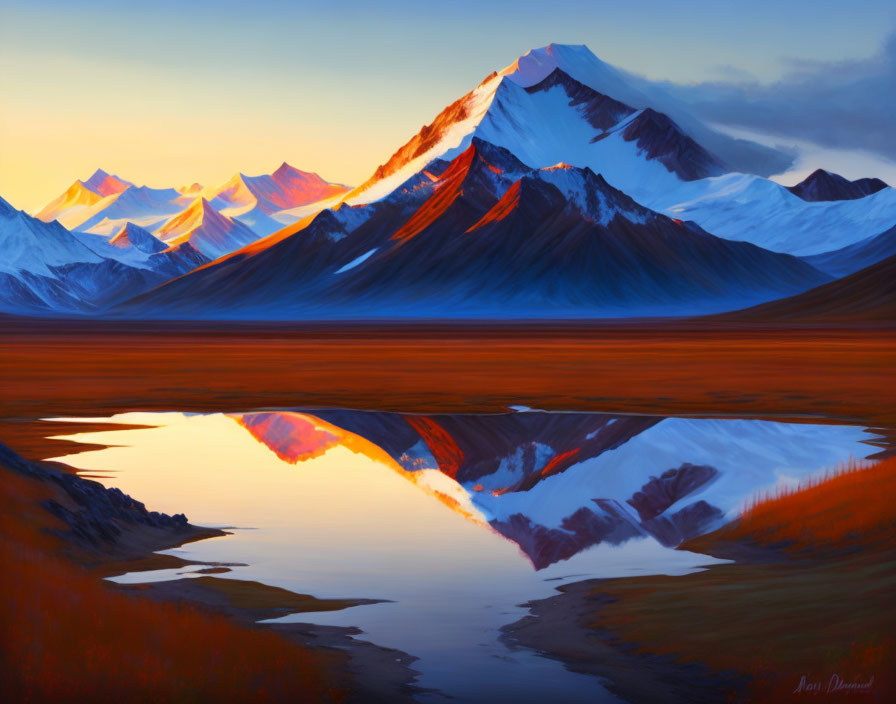 Snow-capped mountains and sunset reflected in tranquil lake