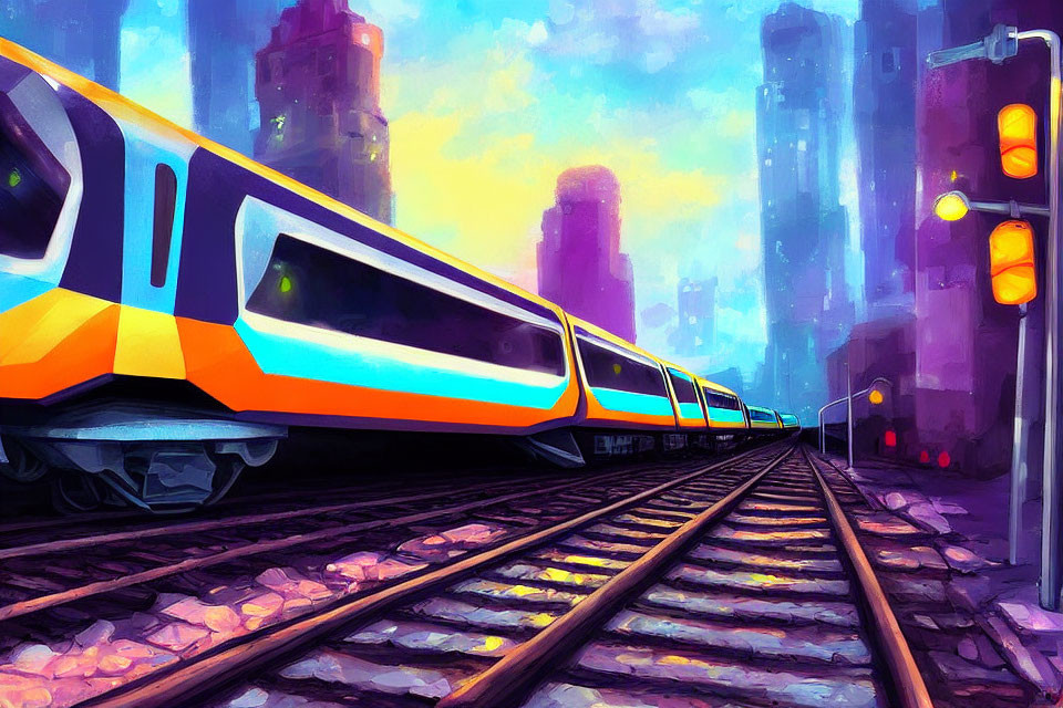 Modern train passing through city with skyscrapers at dusk in vibrant style