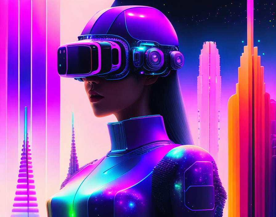 Futuristic digital artwork: person in VR headset & neon cityscape