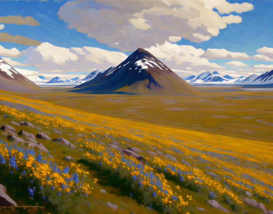 Colorful painting: Yellow flower meadow, solitary mountain, snowy peaks, blue sky.