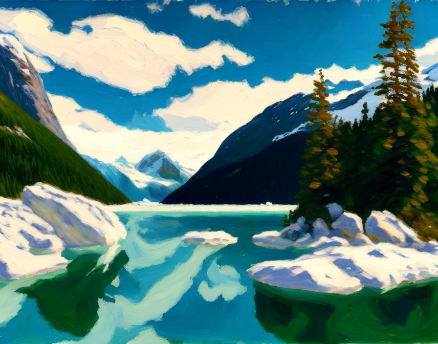 Scenic painting of glacial lake, mountains, pine trees & icebergs