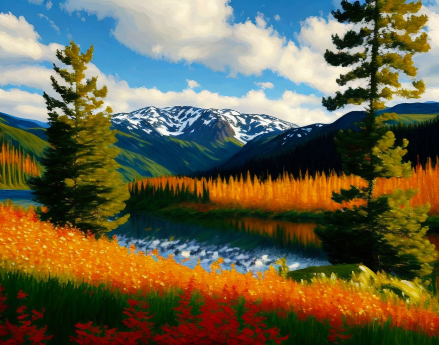 Scenic landscape with wildflowers, river, hills, and mountain