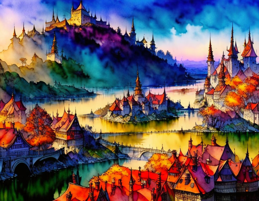 Colorful Watercolor Painting of Fairy Tale Landscape with Castles