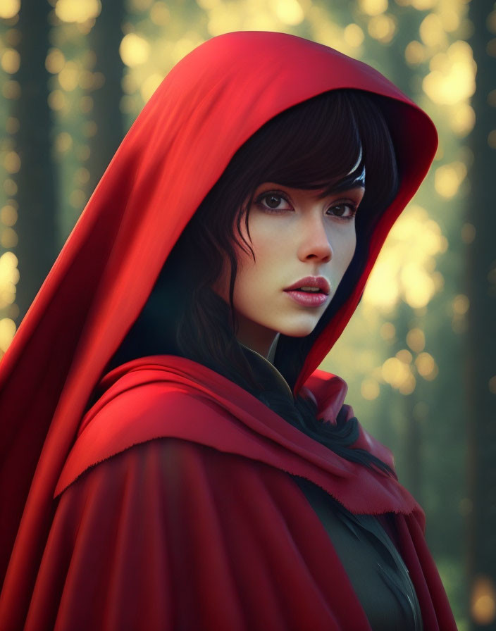 Woman in Red Hooded Cloak in Forest with Soft Warm Light