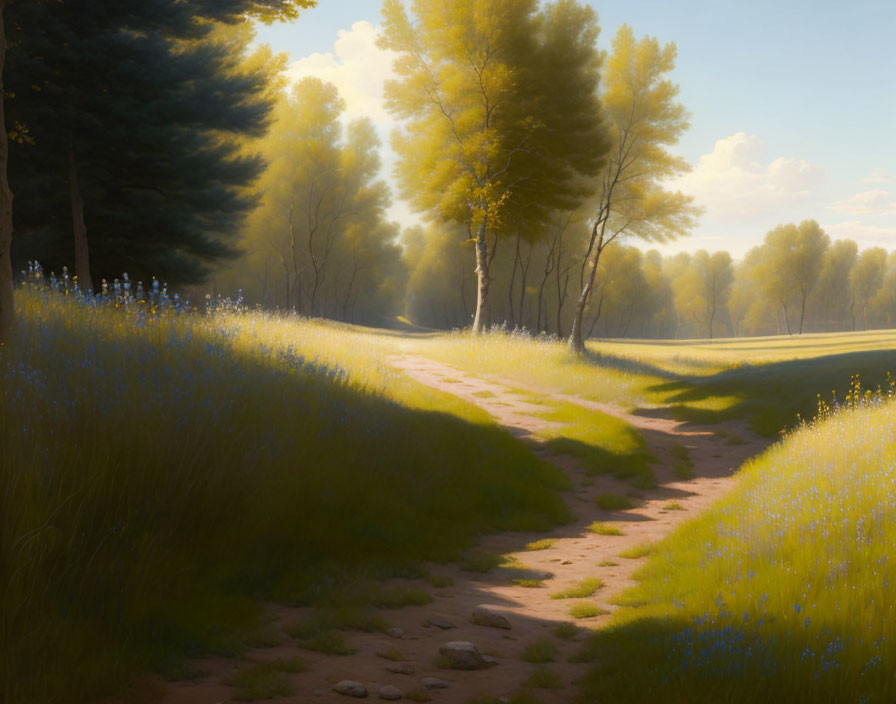 Tranquil landscape: dirt path, grass, wildflowers, sunlit forest.