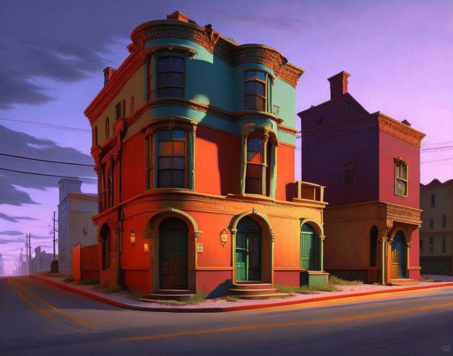 Colorful Corner Building with Blue Upper Level and Vibrant Red Ground Floor at Sunset