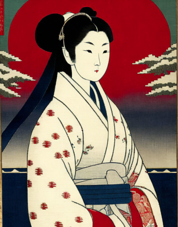 Japanese Geisha Woodblock Print with Red Circle, Kimono, and Sky