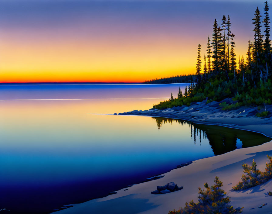 Tranquil lakeside scene at dusk: orange sky, calm water, evergreen forest.