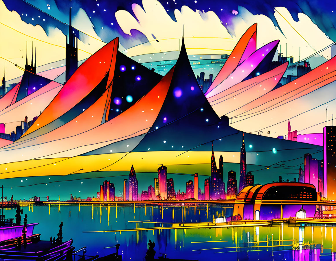 Futuristic cityscape with colorful buildings under starry sky