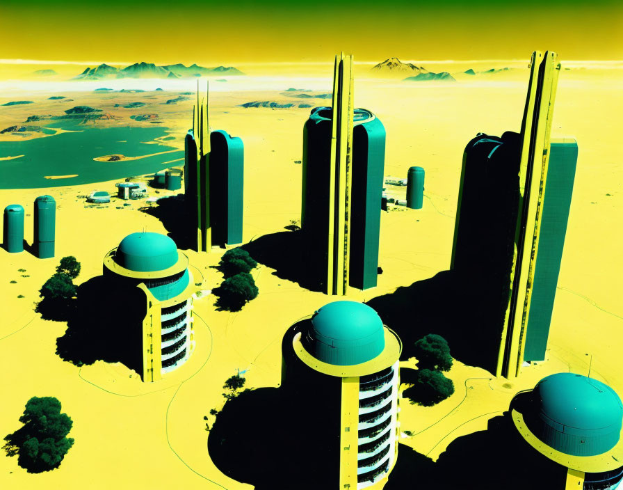 Surreal yellow-tinted desert landscape with futuristic towers and spherical structures