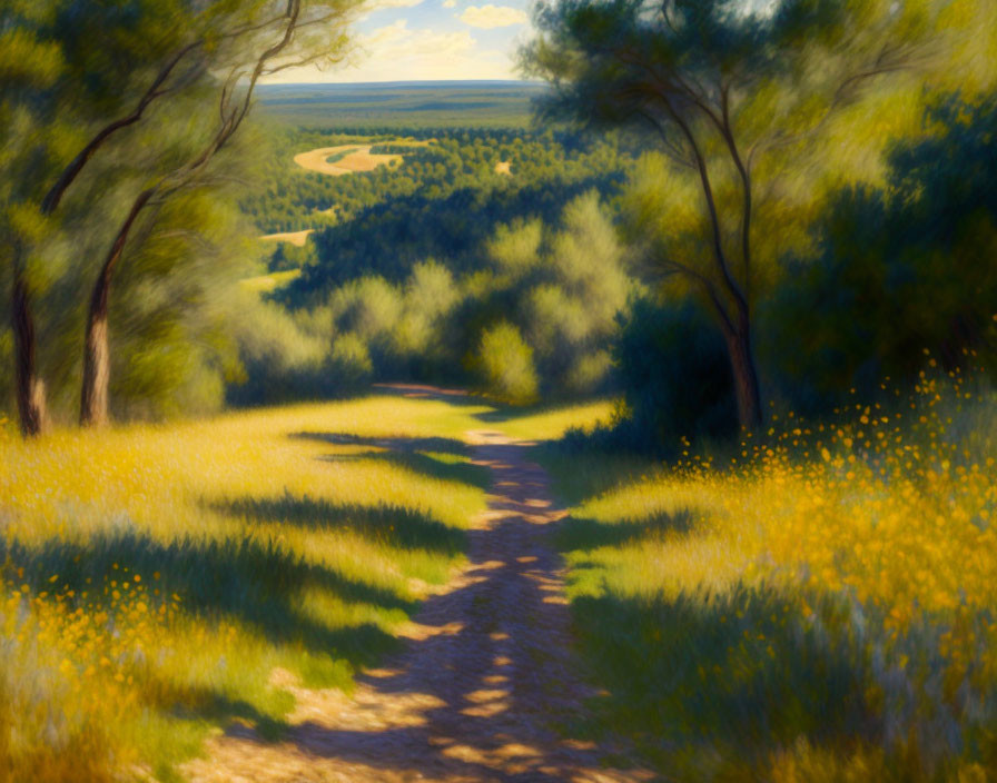 Sunlit forest clearing with winding dirt path & wildflowers