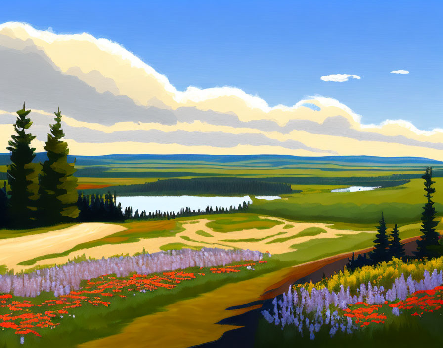 Colorful Landscape Painting with Winding Path, Trees, and Lake