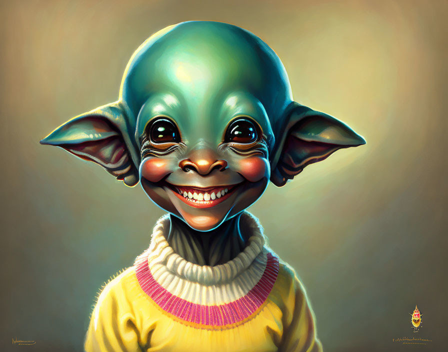 Smiling creature with large ears in yellow-striped sweater illustration