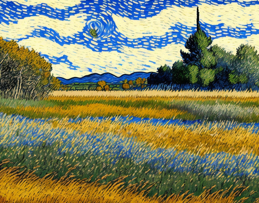 Colorful countryside landscape painting with swirling blue sky and bright yellow field.