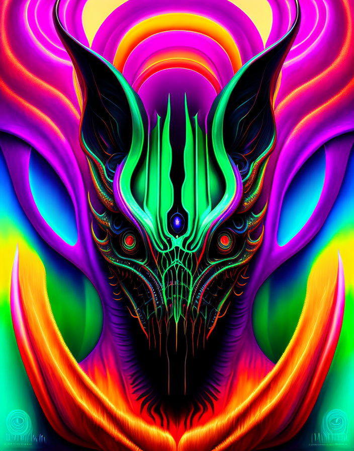 Colorful psychedelic art: Abstract creature with horns and third eye surrounded by rainbow waves