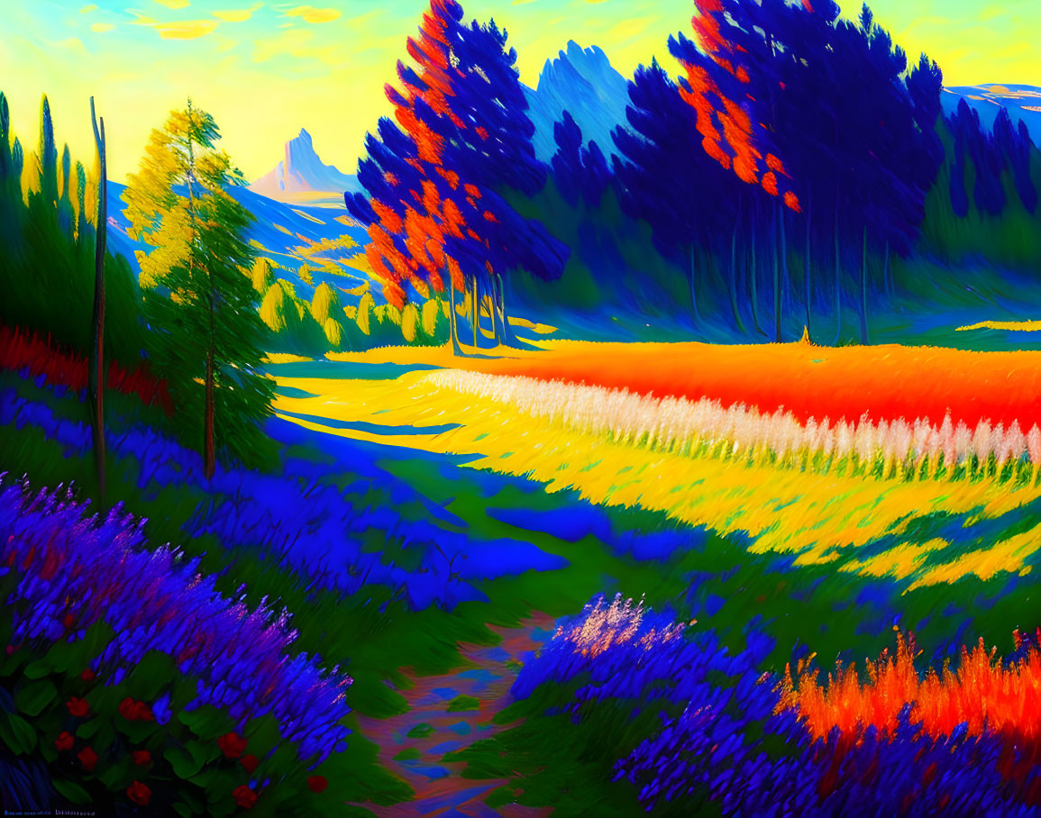 Colorful landscape with blue and orange trees, path, and distant mountains in vibrant scenery.