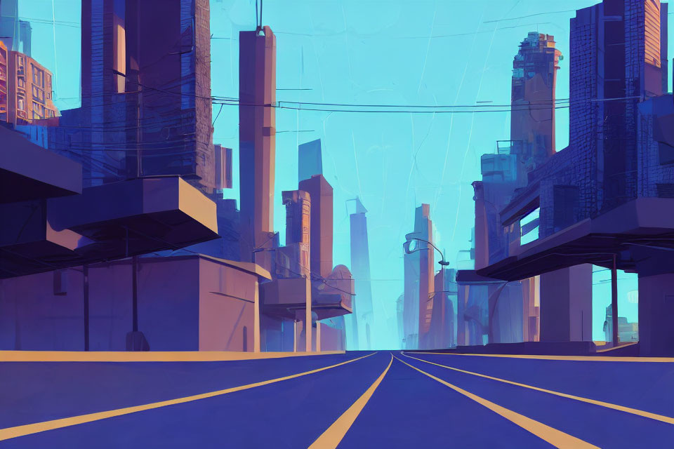 Futuristic deserted city street with blue sky