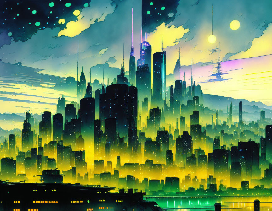 Futuristic neon-lit cityscape at dusk with skyscrapers and starry sky reflected on