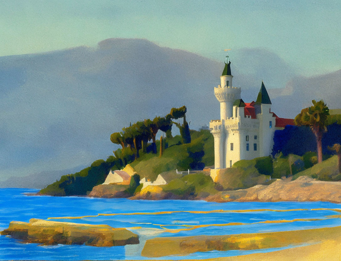 White Castle Painting: Cliffside Castle by Serene Blue Sea