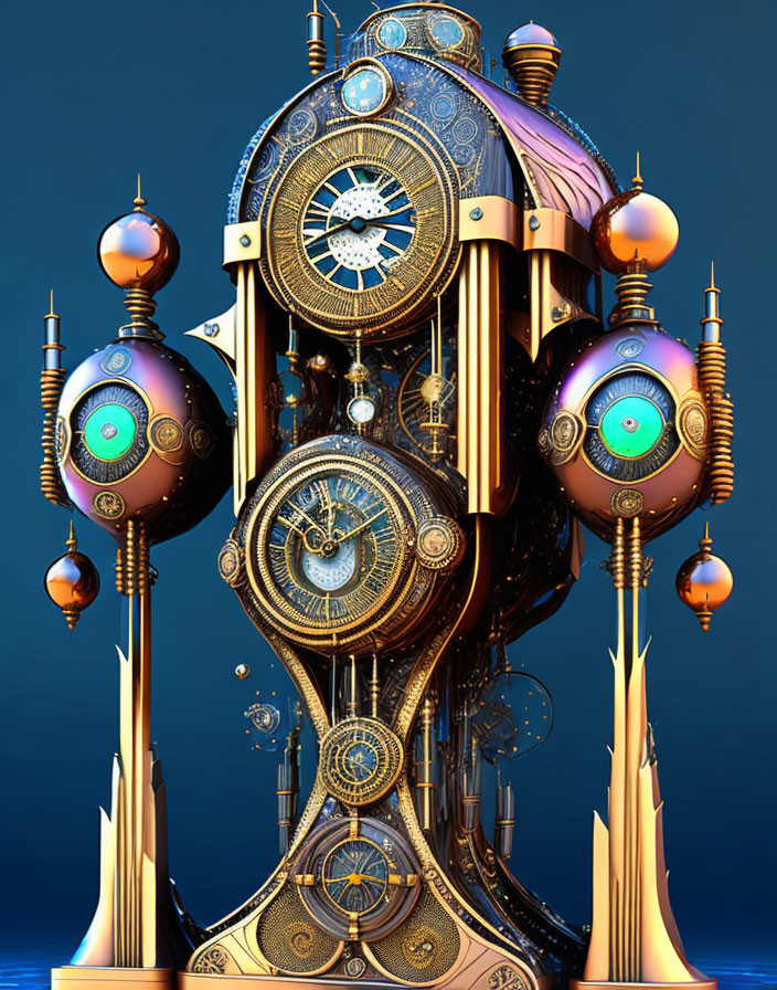 Intricate steampunk clock tower with glowing orbs and ornate metalwork