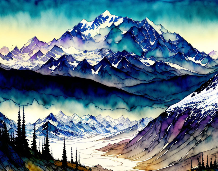 Majestic mountain range watercolor painting with vibrant blues and purples