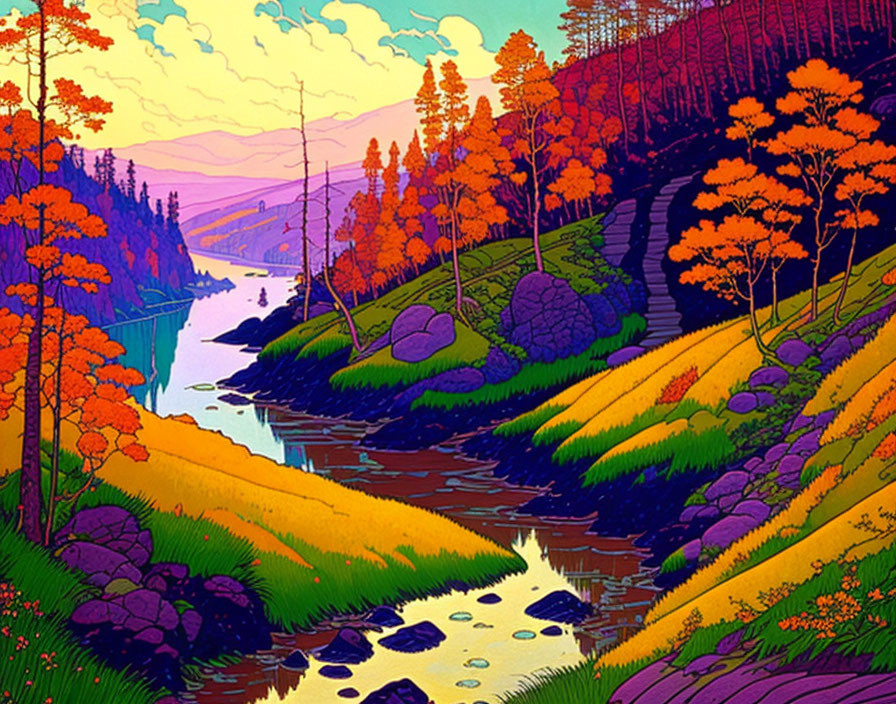 Colorful autumnal landscape with river and lake