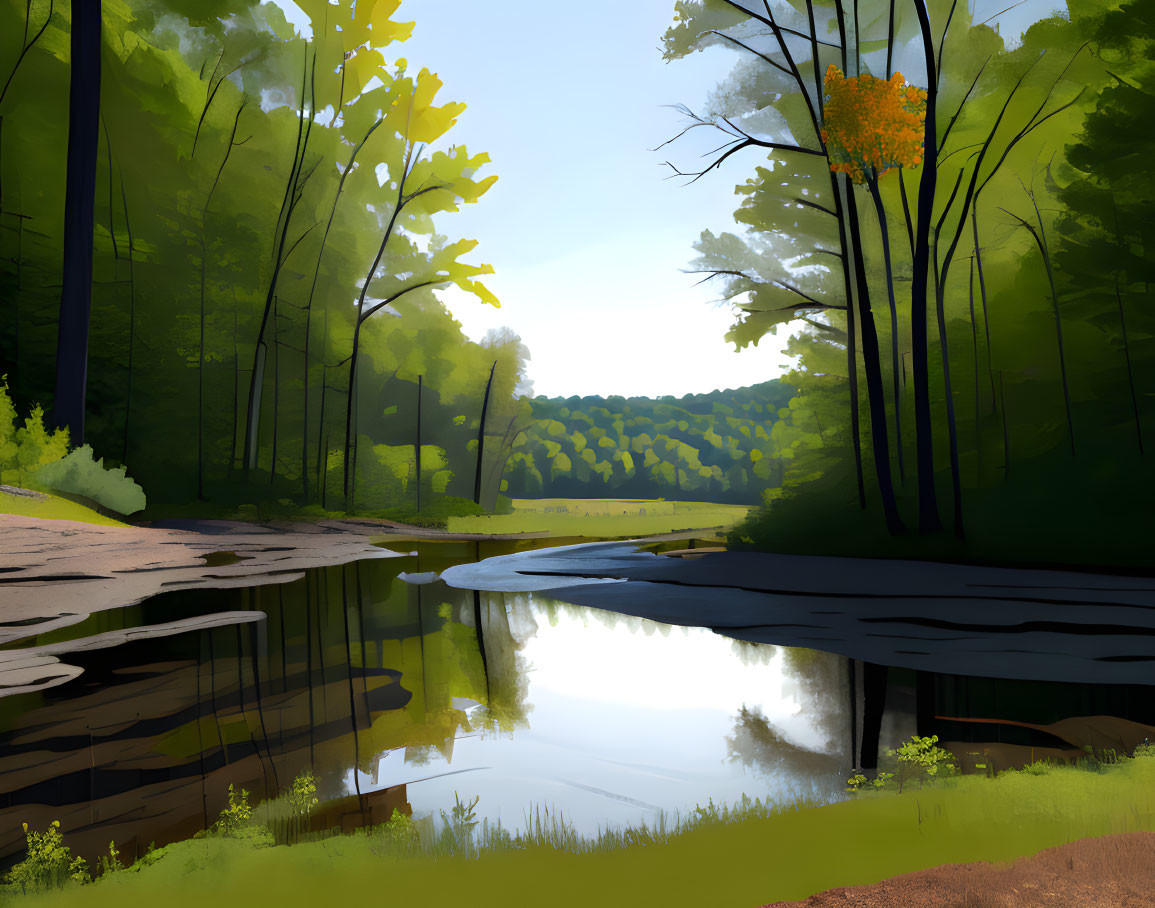 Sunlit forest pond with lush greenery and blue sky