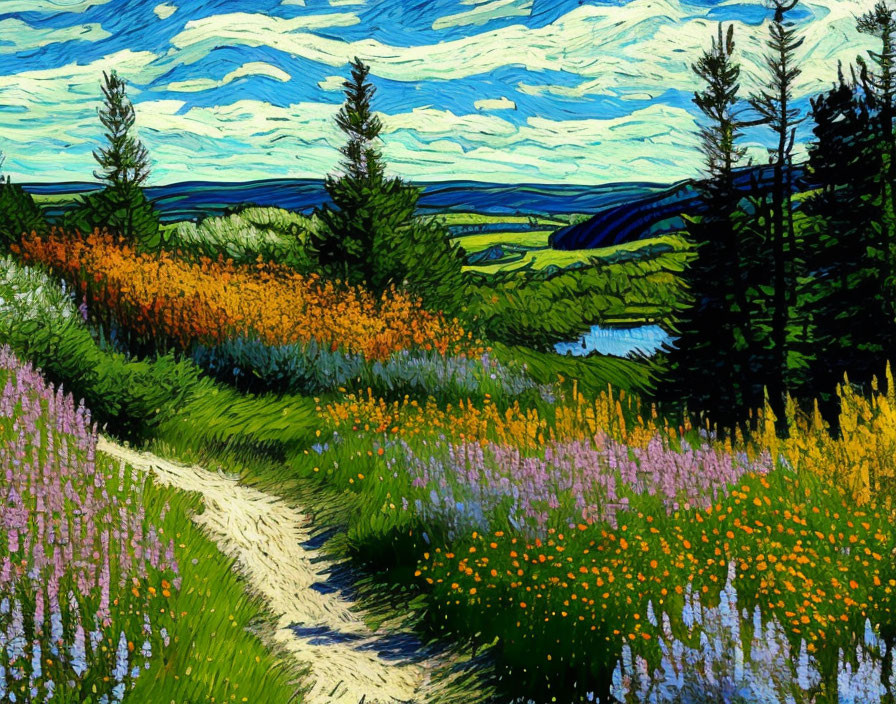 Colorful painting of winding path through meadow to forest under blue sky