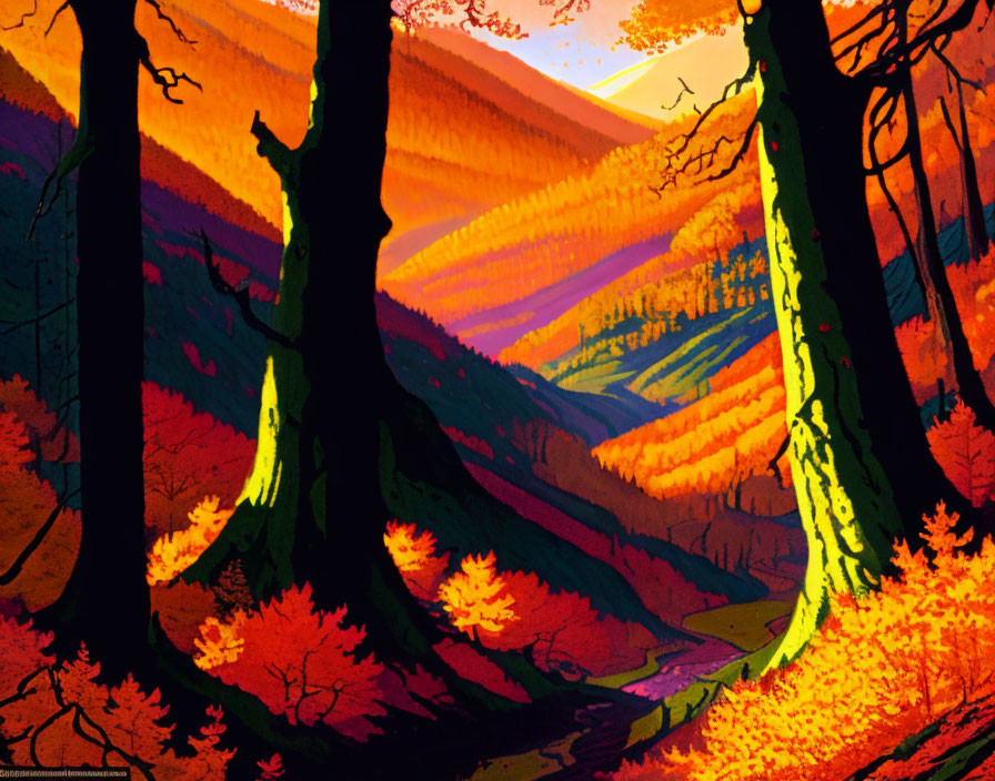 Vibrant autumn forest scene with sunset light on multicolored trees