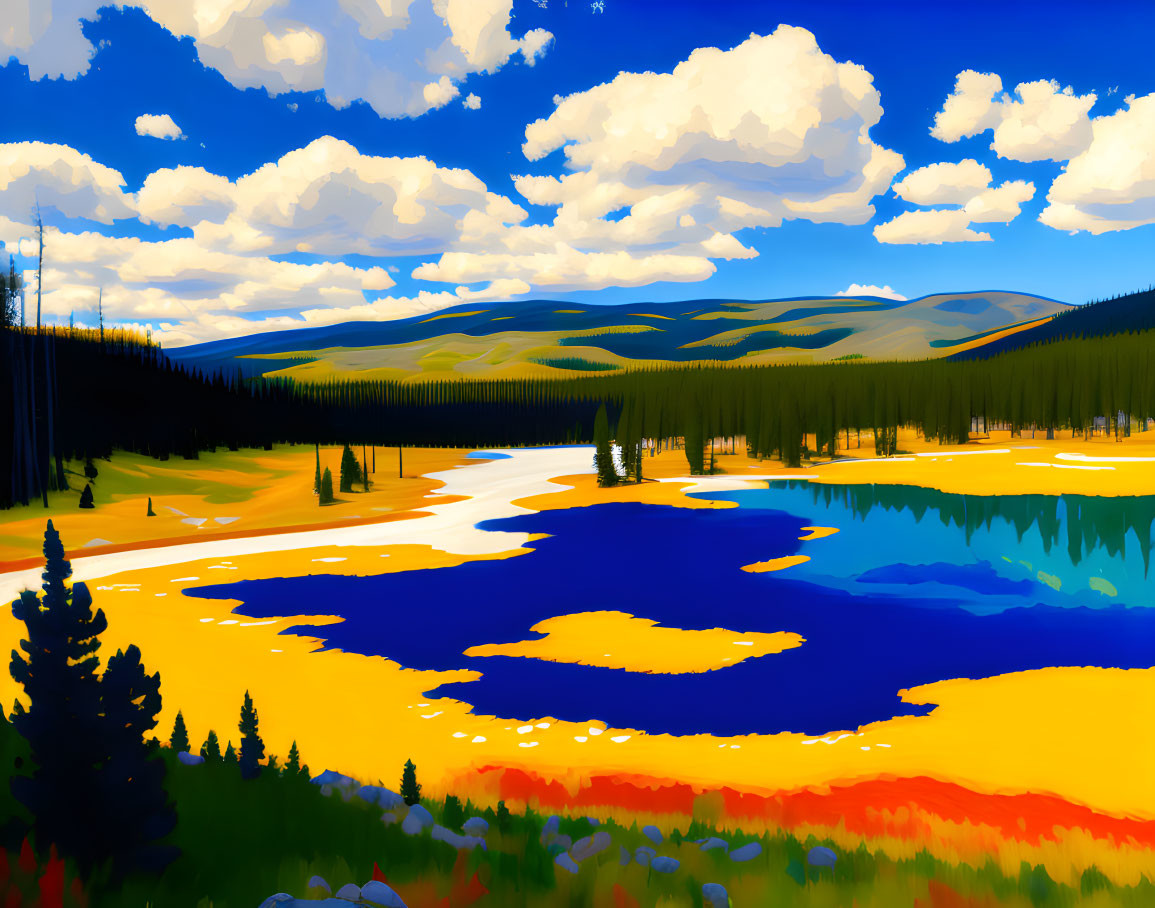 Colorful landscape with blue river, orange and yellow fields, green forests, and cloudy sky