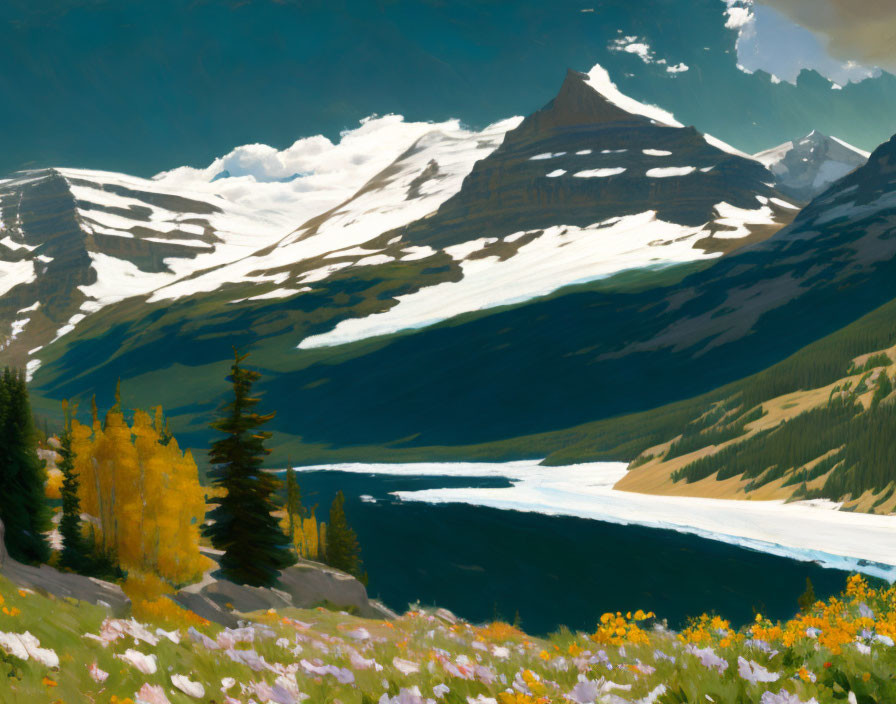 Mountain Range Painting: Snow-Capped Peaks, Lake, Foliage, Blue Sky