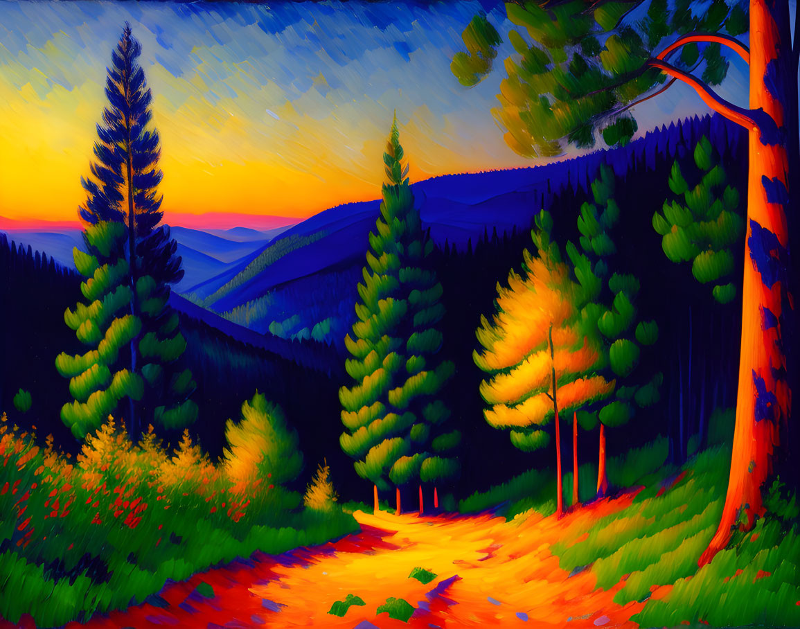 Colorful Sunset Painting Over Forest with Tall Trees and Path