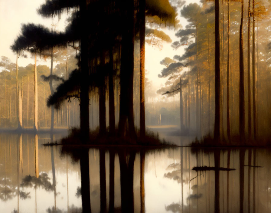 Tranquil misty forest with tall trees reflected in golden light