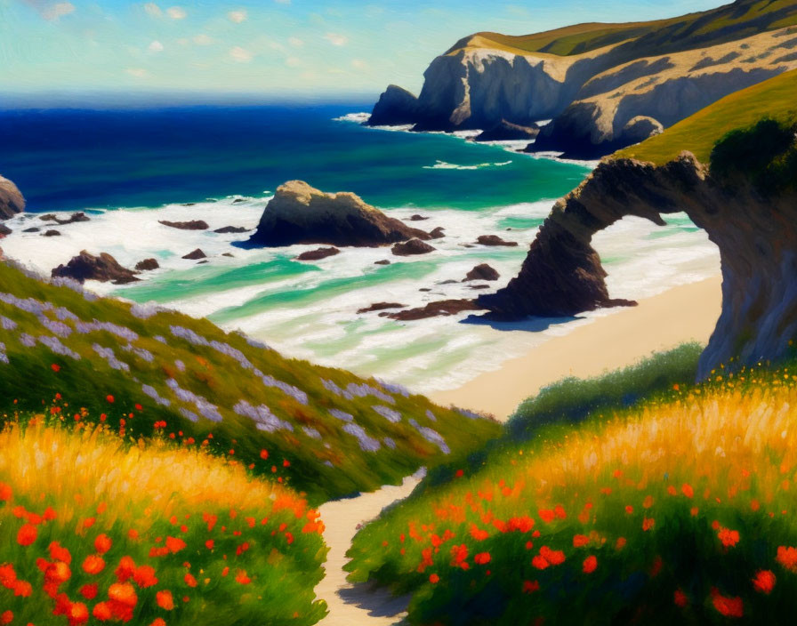 Scenic coastal landscape with sandy path, wildflowers, cliffs, and blue sky